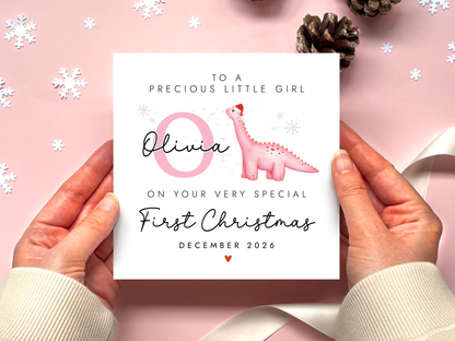 Personalised Dinosaur 1st Christmas Card for Girl