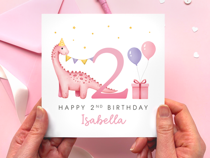 personalised pink dinosaur 2nd birthday card for girls