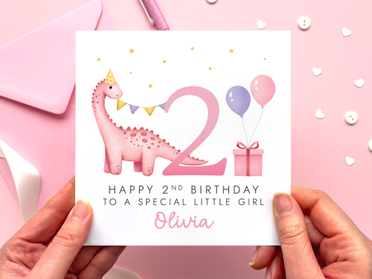 Personalised Dinosaur 2nd Birthday Card for Girl