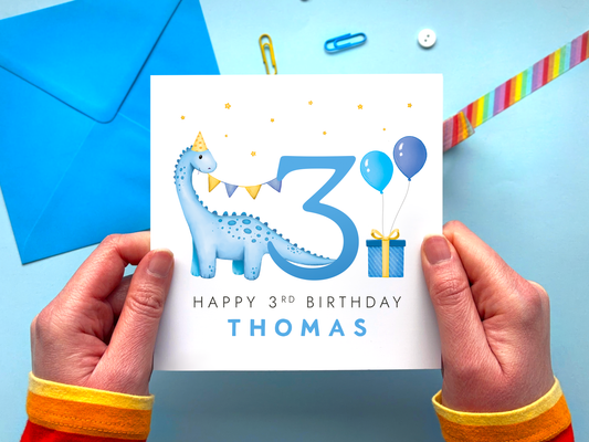 personalised dinosaur 3rd birthday card for little boy