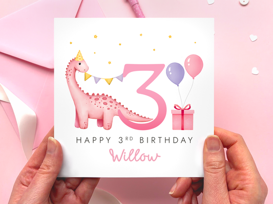 Personalised Dinosaur 3rd Birthday Card for Girl