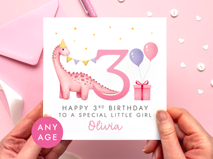 personalised pink dinosaur birthday card for special little girl, any age