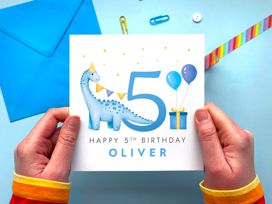 Personalised Dinosaur 5th Birthday Card