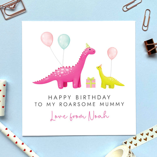 personalised dinosaur birthday card for mummy - mum, mom, mama, mommy, mother - from son, daughter - cute, pink, handmade, special, to my roarsome mummy, 30th, 40th, 50th