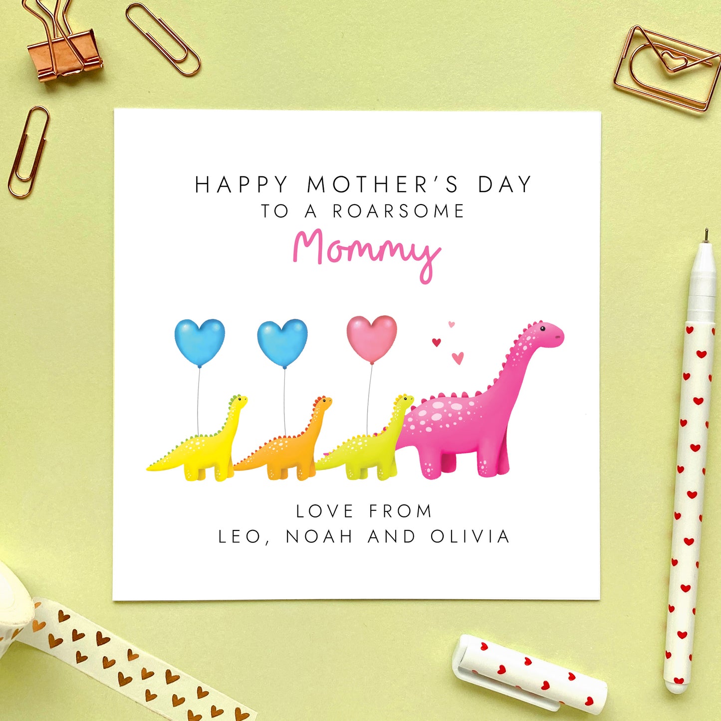 Personalised Dinosaur Three Children Mother's Day Card for Mummy