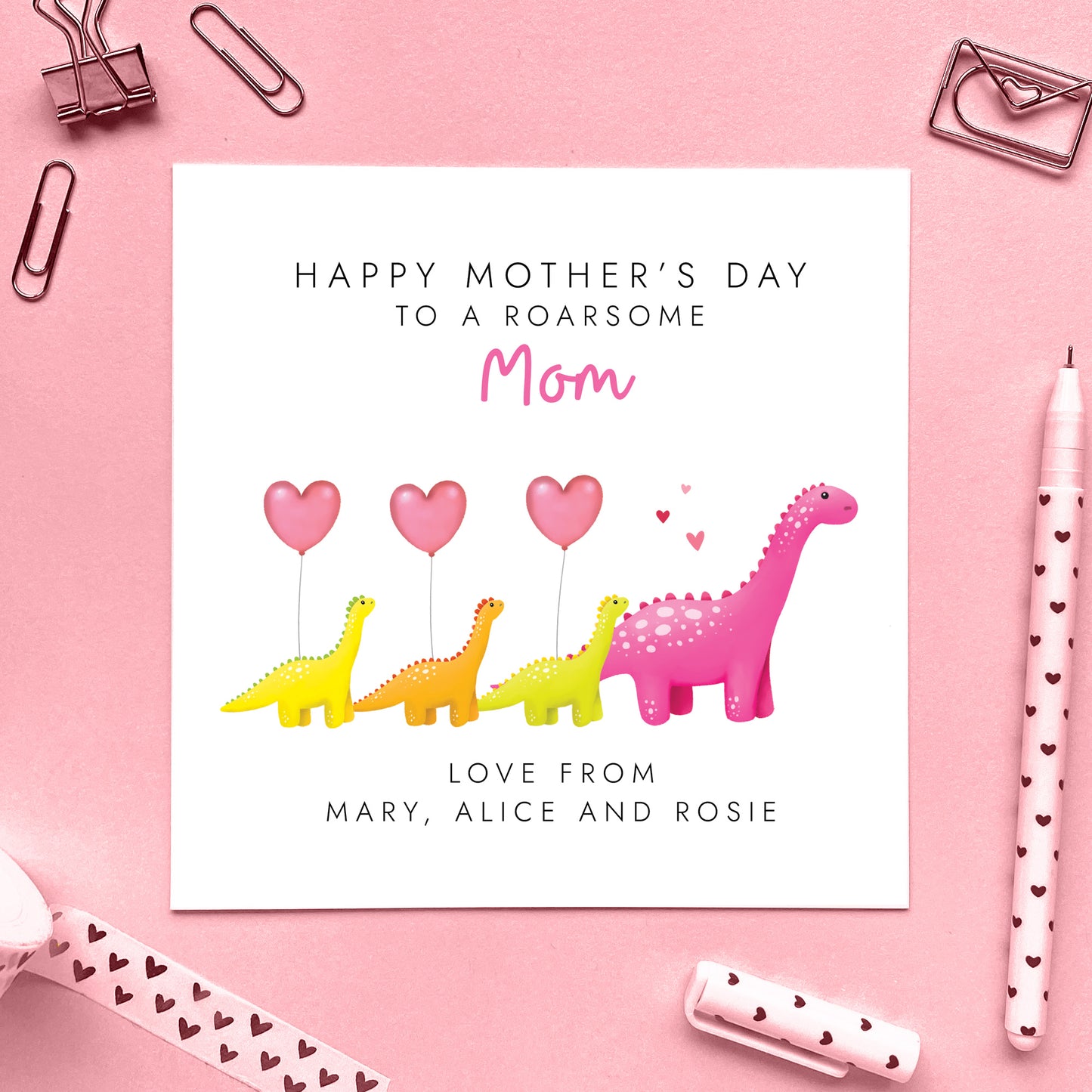 Personalised Dinosaur Three Children Mother's Day Card for Mummy