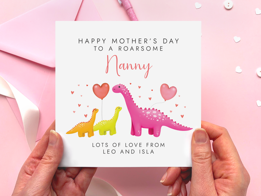 Personalised Dinosaur Mothers Day Card for Nanny from Children