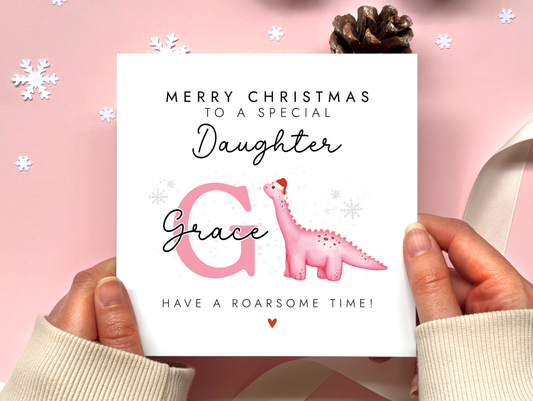 Personalised Dinosaur Christmas Card for Girl