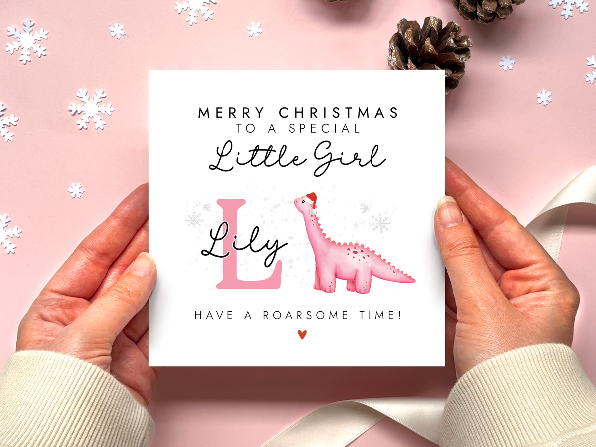 Personalised Dinosaur Christmas Card for Girl