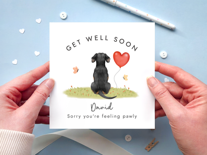 Personalised dog get well soon card, black and tan dachshund