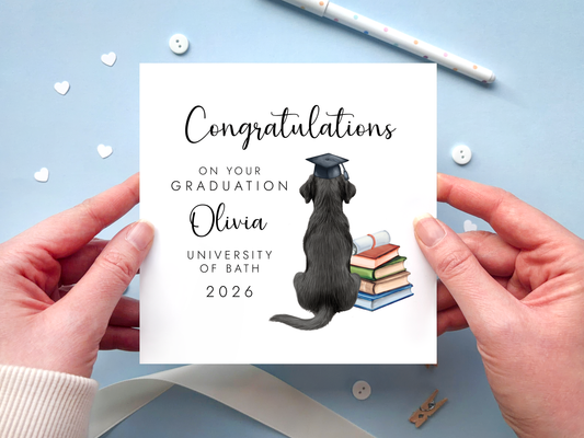 Personalised Dog Graduation Card featuring a black Labrador