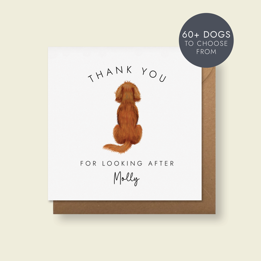 Personalised dog thank you card with a dog illustration and the text 'thank you for looking after' with the dog's name