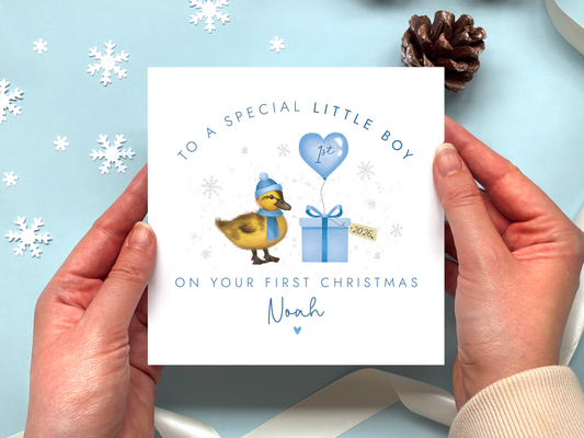 Personalised Duckling 1st Christmas Card for Boy