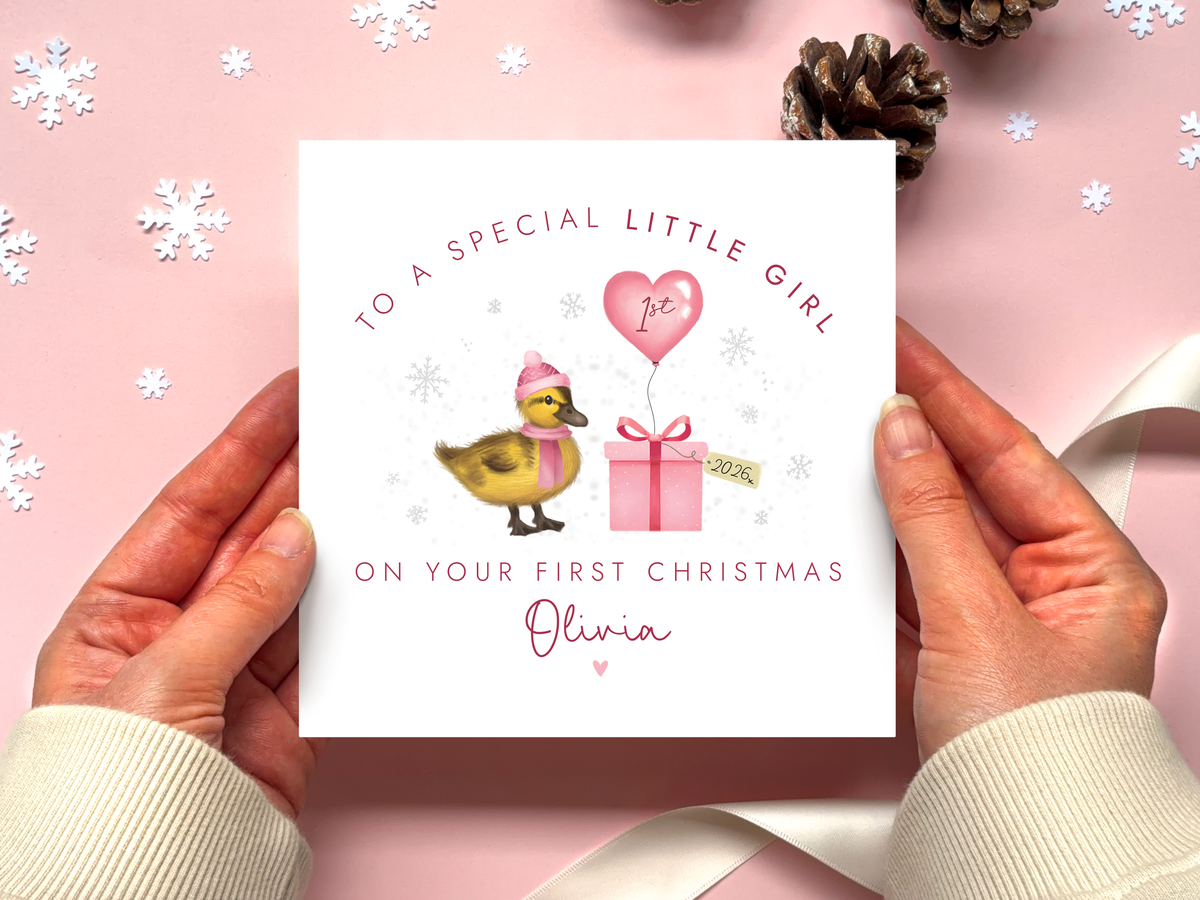 Personalised Duckling 1st Christmas Card for Girl