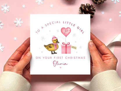 Personalised Duckling 1st Christmas Card for Girl