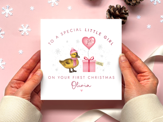 Personalised Duckling 1st Christmas Card for Girl