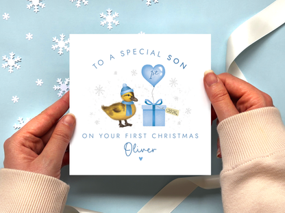 Personalised Duckling 1st Christmas Card for Boy