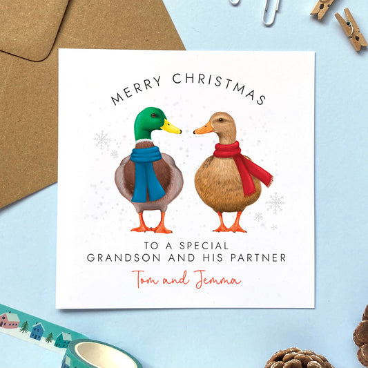 A personalised Christmas Card for Grandson and his partner featuring a mallard duck couple. Ideal for Grandson and his Wife, Girlfriend or Fiancée.  