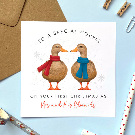 A personalised ducks on your first Christmas as Mrs and Mrs Christmas Card. Ideal for any lesbian or gay couple on their first Christmas as a married couple.