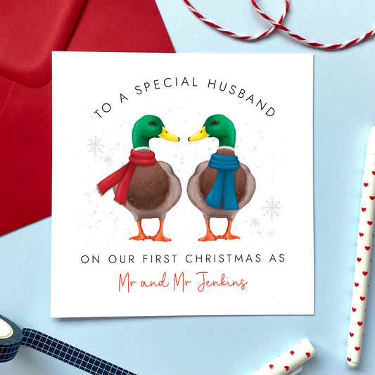 Personalised Ducks Our First Christmas as Mr and Mr Card