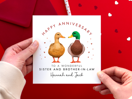 Personalised Duck Anniversary Card for Sister & Brother-in-Law