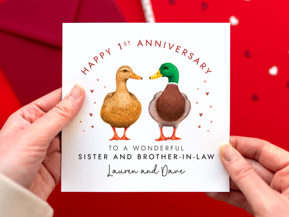 Personalised Duck Anniversary Card for Sister & Brother-in-Law