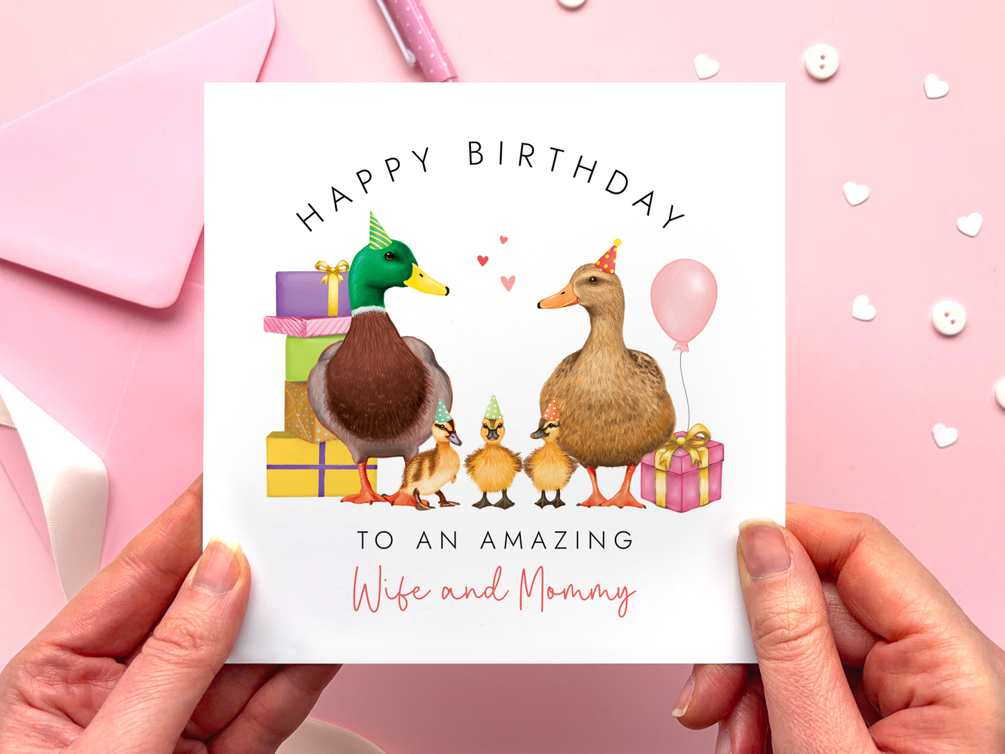 Personalised Ducks Birthday Card for Wife and Mummy to 3 Children