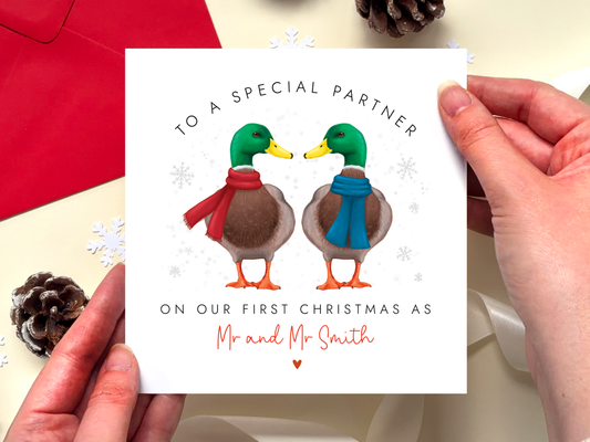 Personalised Ducks Our First Christmas as Mr and Mr Card