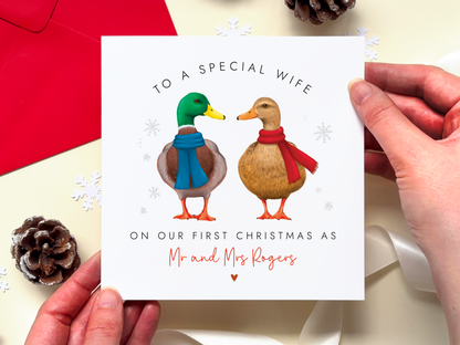 Personalised Ducks Our First Christmas as Mr and Mrs Card