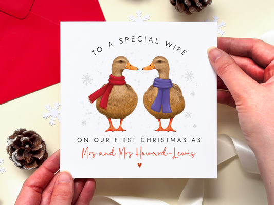 Personalised Ducks Our First Christmas as Mrs and Mrs Card