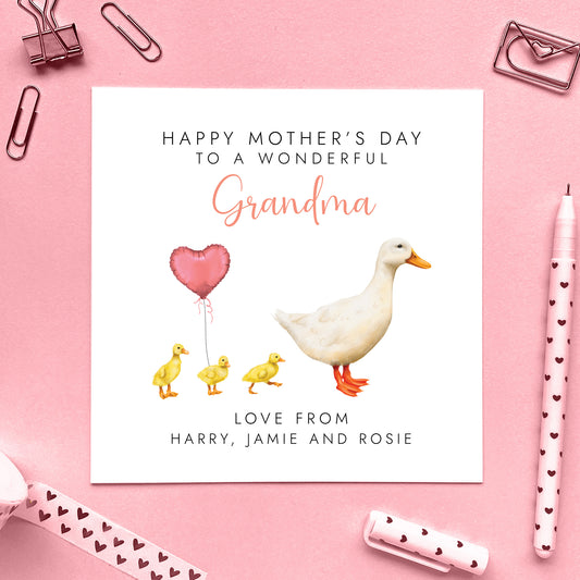 Personalised White Duck Mothers Day Card for Grandma from three children or babies