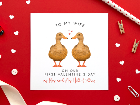Personalised Ducks 1st Valentine's Day as Mrs and Mrs Card