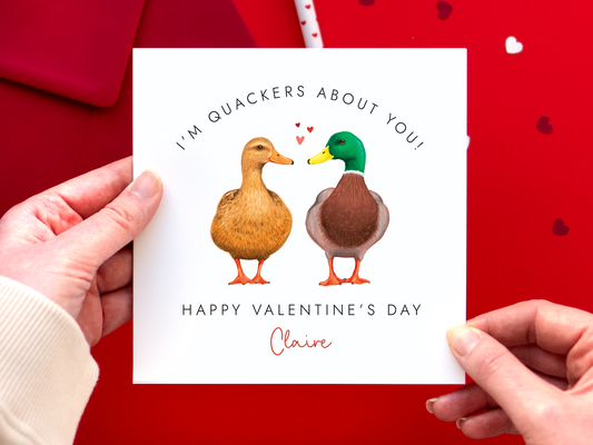 A personalised duck themed valentine's day card featuring a pair of mallard ducks.