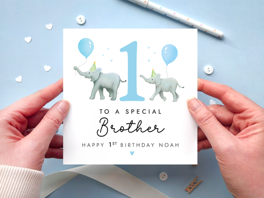 Personalised Elephants 1st Birthday Card for Brother