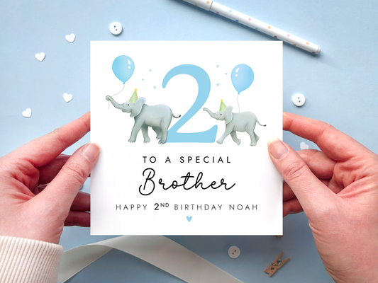 Personalised Elephants 2nd Birthday Card for Brother
