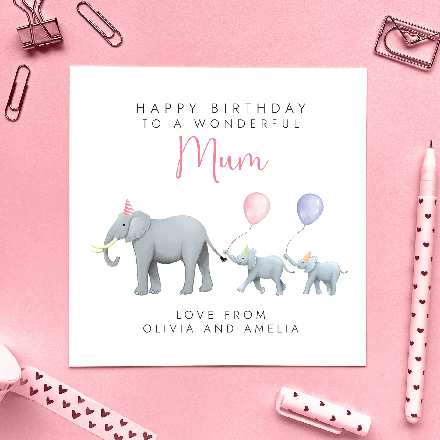 Personalised Elephant Birthday Card for Mum from Two Children