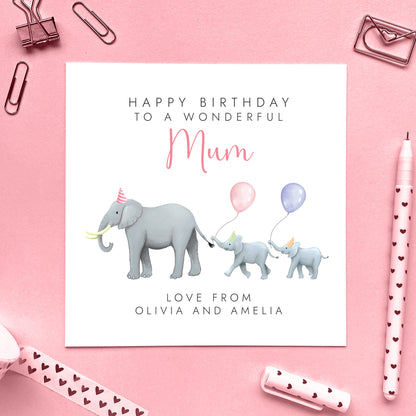 Personalised Elephant Birthday Card for Mum from Two Children