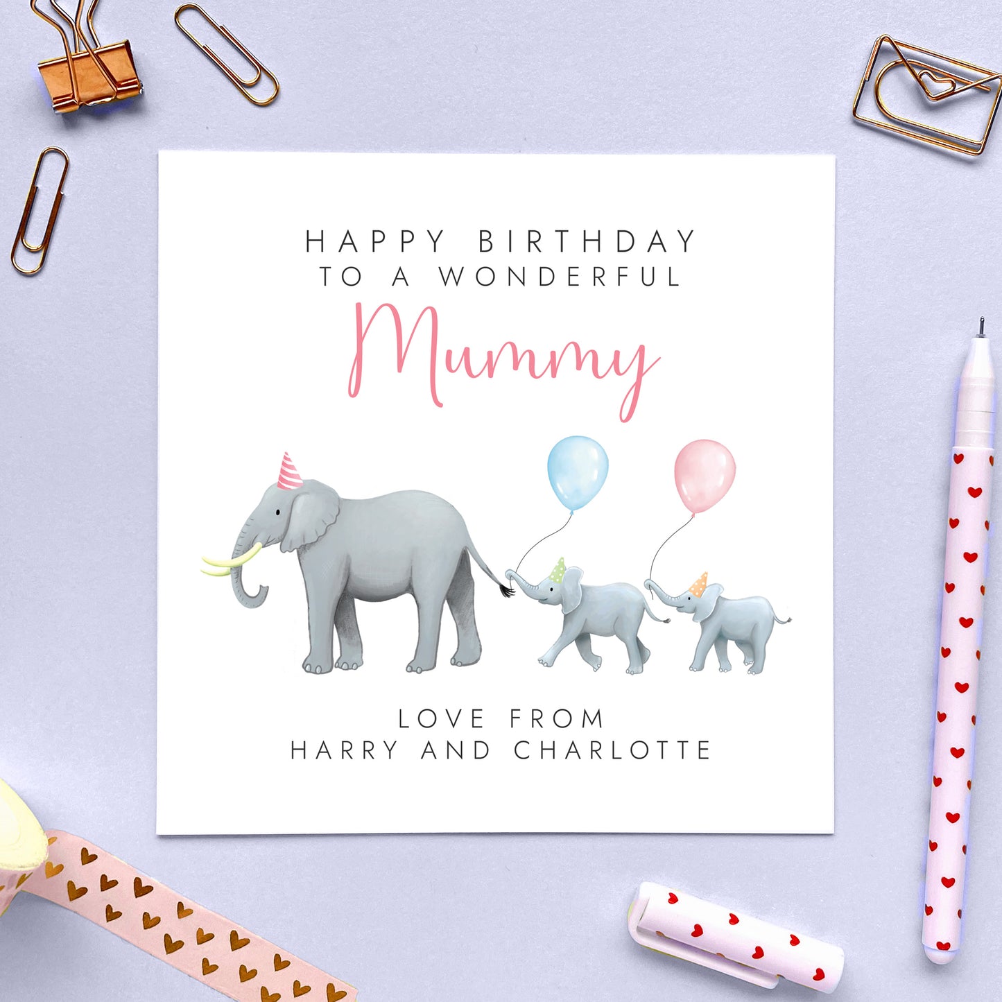 Personalised Elephant Birthday Card for Mum from Two Children