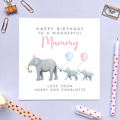 Personalised Elephant Birthday Card for Mum from Two Children