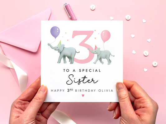 Personalised Elephants 3rd Birthday Card for Sister