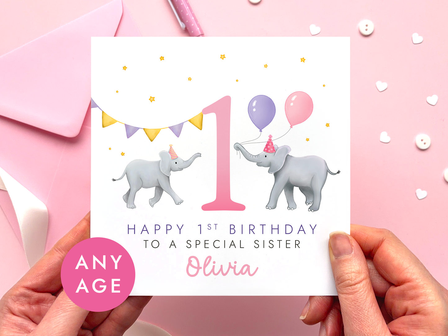 Personalised Elephants Birthday Card for Sister