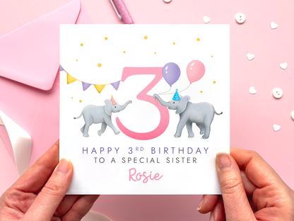 Personalised Elephants Birthday Card for Sister