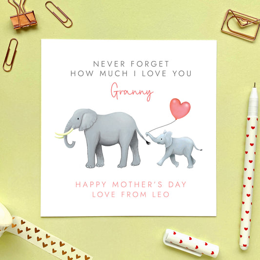Personalised Elephants Mothers Day Card for Granny from Child or Baby