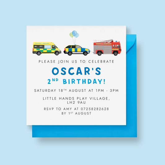 Personalised Emergency Vehicle-Themed Party Invitations – Any Age