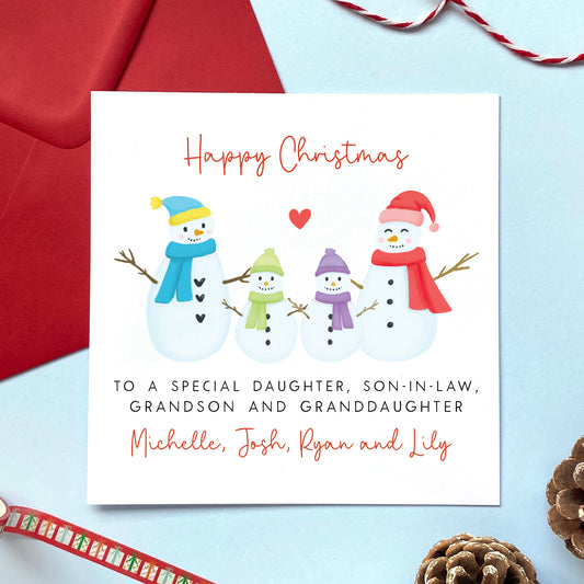 A personalised Christmas card for Daughter, Son-in-Law, Grandson and Granddaughter.