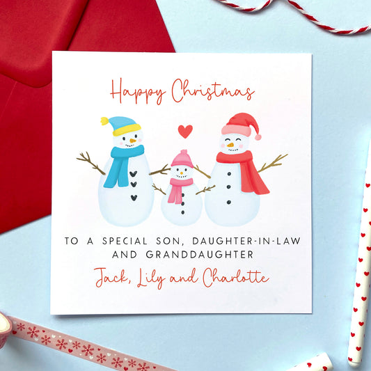 A personalised Christmas card for son, daughter-in-law and granddaughter.