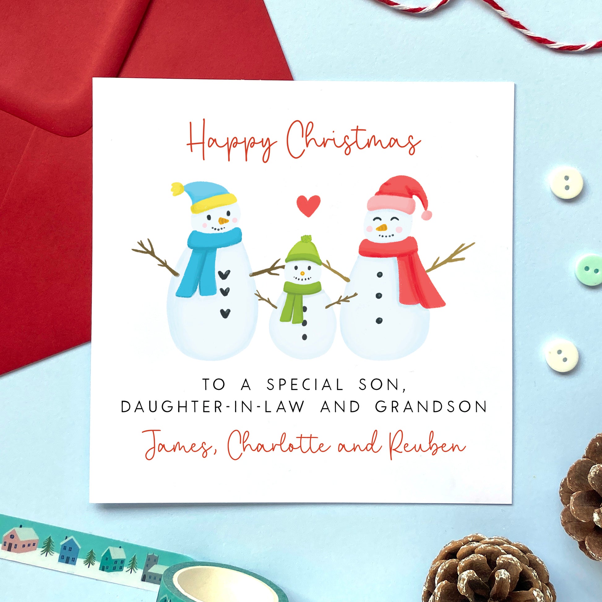 A personalised Christmas card for son, daughter-in-law and grandson.