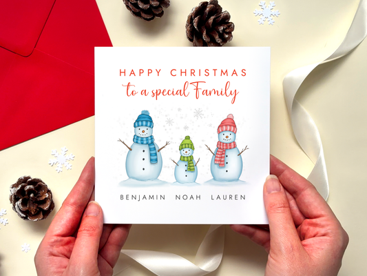 Personalised Christmas Card for a Family of 3 with two adult snowmen and a child snowman.