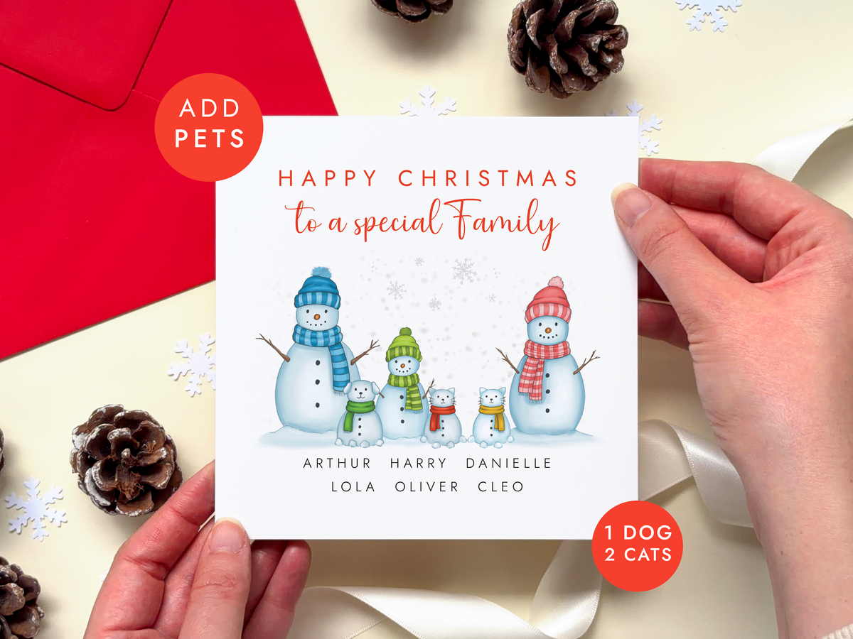 Personalised Christmas Card for a Family of 3 with two adult snowmen, a child snowman, a dog and two cats.