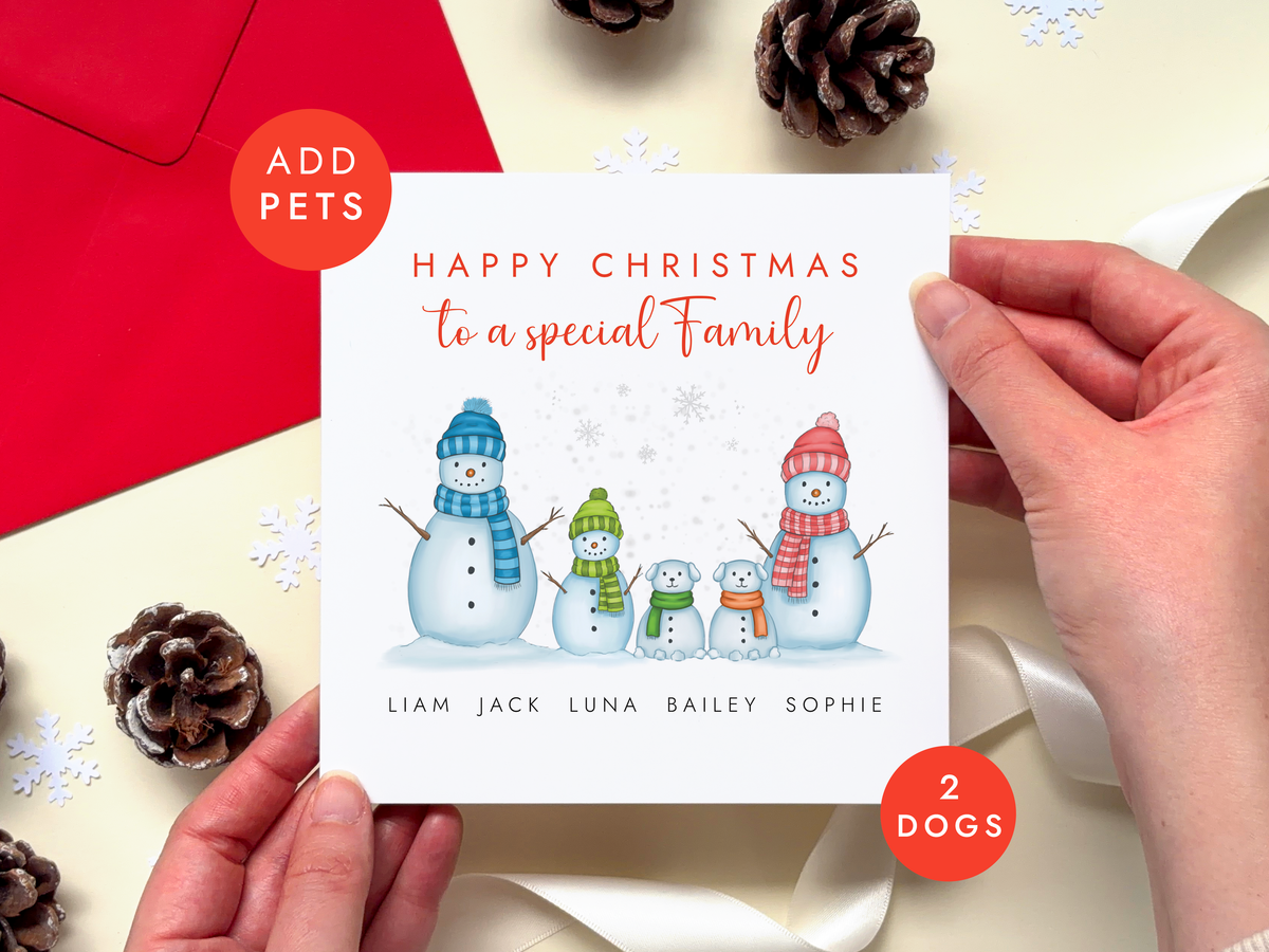 Personalised Christmas Card for a Family of 3 with two adult snowmen, a child snowman and two dogs.